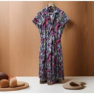 J Peterman Short Sleeve 1947 Shirt Dress Women 10 Floral Max Length  Cotton NOWT